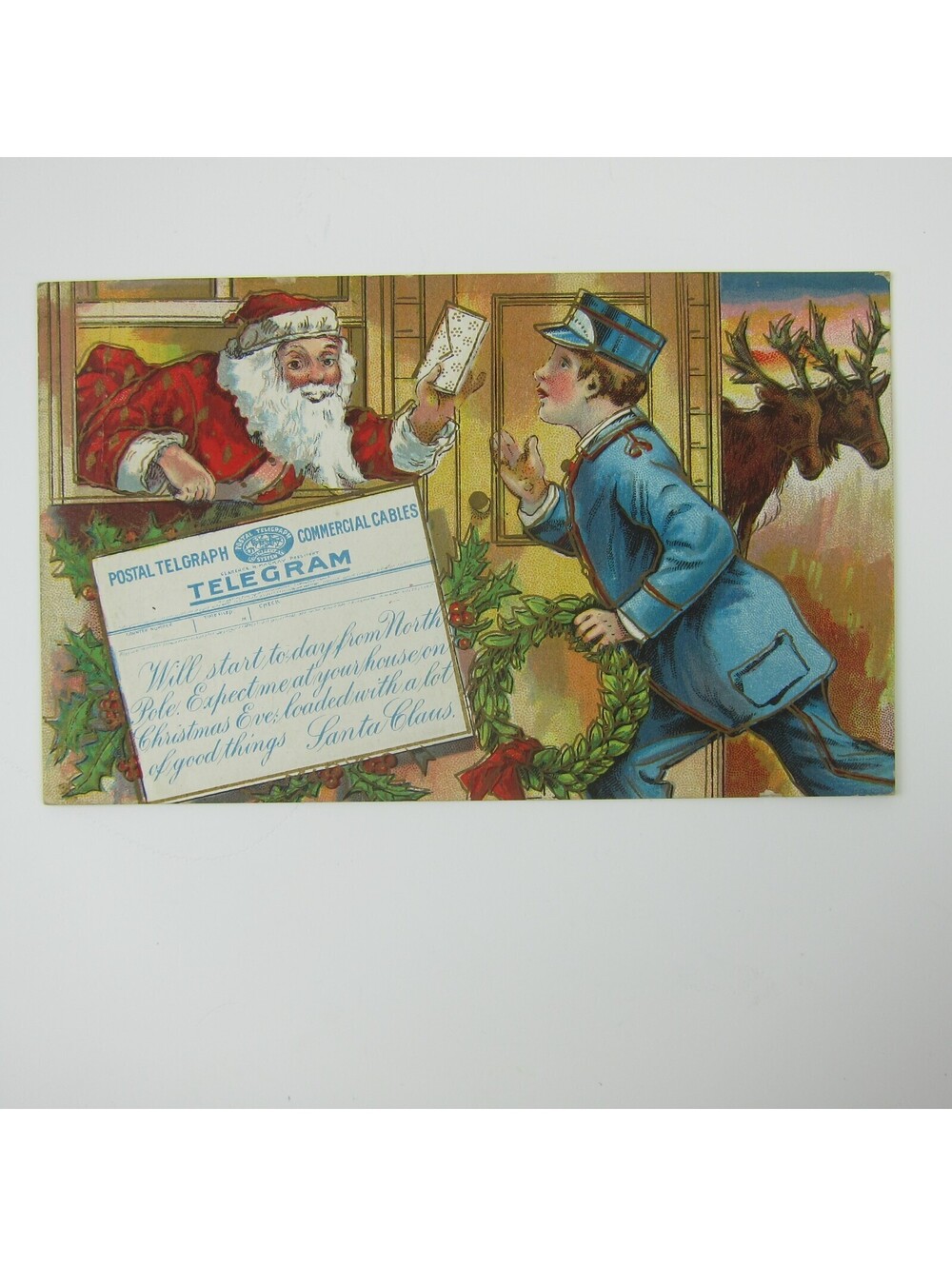 Vintage Christmas Postcard Santa Telegram Postman Reindeer Embossed Antique 1910